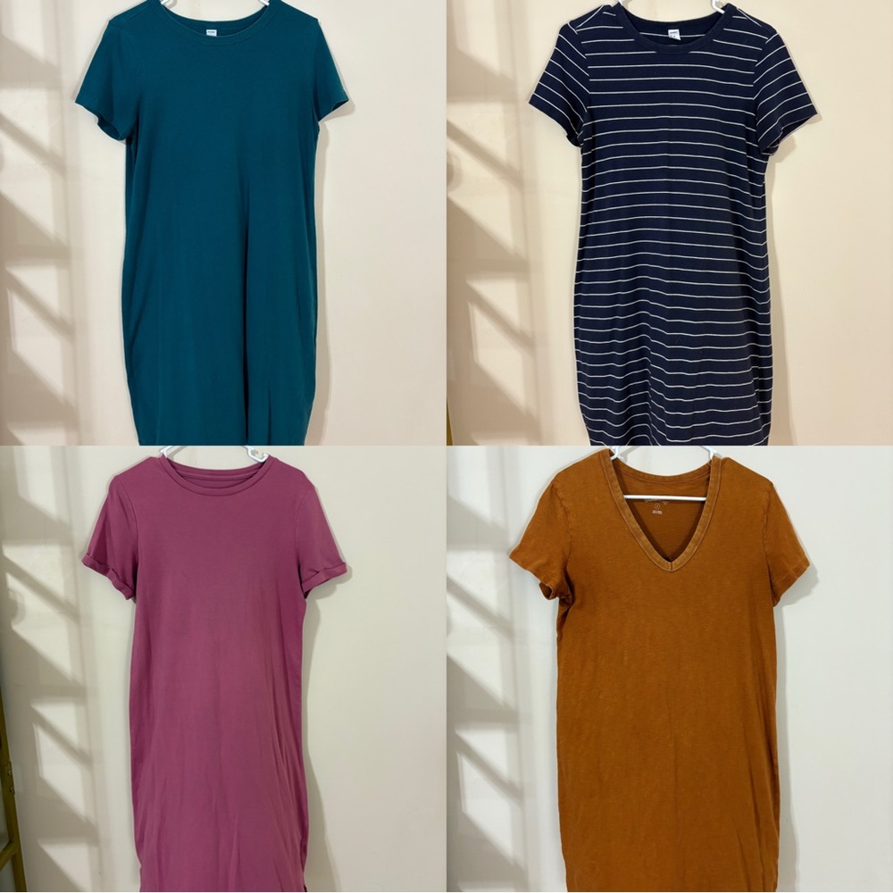 Set of 4 T-Shirt Dresses in Teal, Navy Stripes, Pink, and Mustard